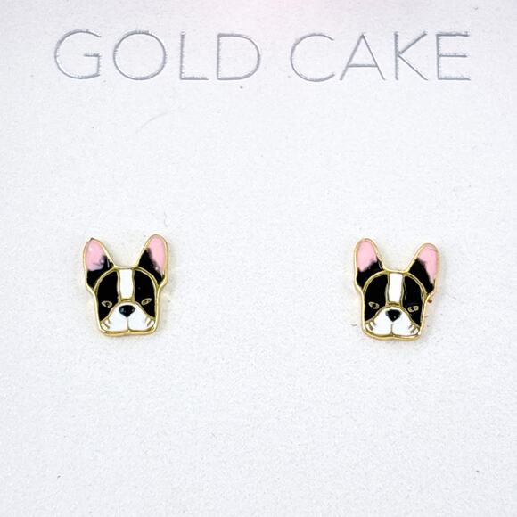 NIB Gold Cake Boston Terrier Gold-Tone Sterling Silver 925 Stud Earrings - Picture 4 of 10